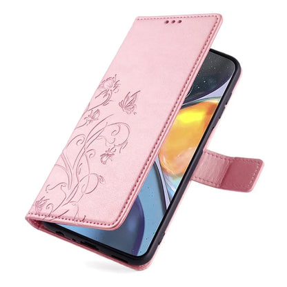 For Motorola Moto G22 Case Butterfly Flower Wallet Card Holder Phone Cover with Handy Strap