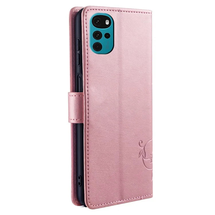 For Motorola Moto G22 Case Butterfly Flower Wallet Card Holder Phone Cover with Handy Strap