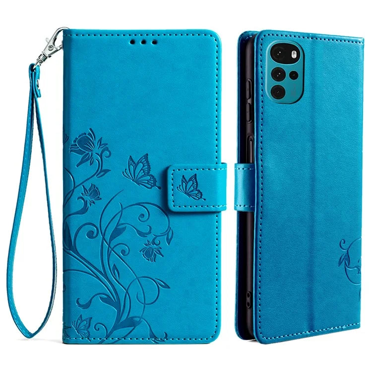 For Motorola Moto G22 Case Butterfly Flower Wallet Card Holder Phone Cover with Handy Strap