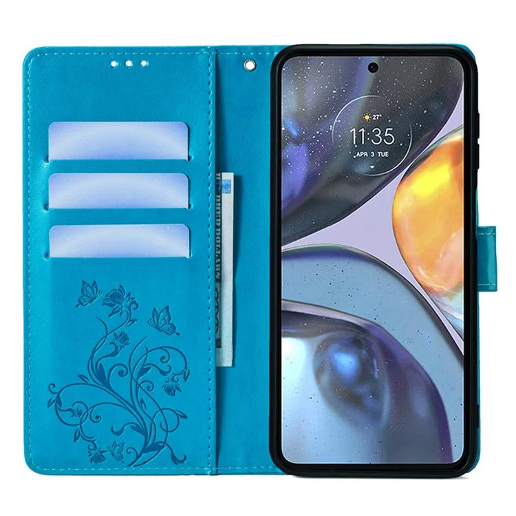 For Motorola Moto G22 Case Butterfly Flower Wallet Card Holder Phone Cover with Handy Strap