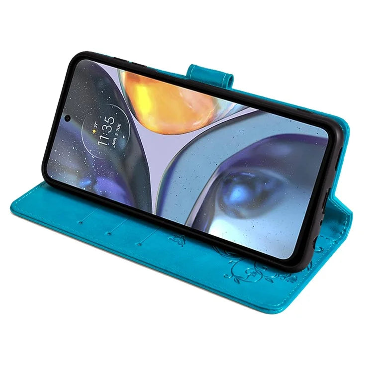For Motorola Moto G22 Case Butterfly Flower Wallet Card Holder Phone Cover with Handy Strap