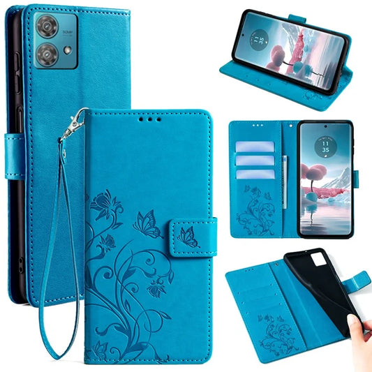 For Motorola Edge 40 Neo 5G Phone Case with Wrist Strap Butterfly Flower Imprinted Leather Flip Cover