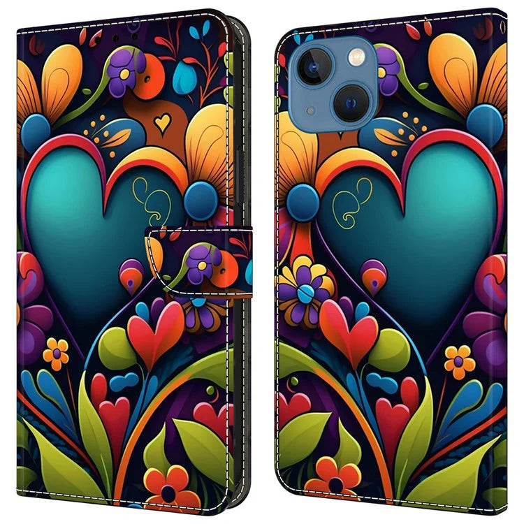 For iPhone 13 / 14 Wallet Case Anti-Drop Pattern Print Leather Phone Cover