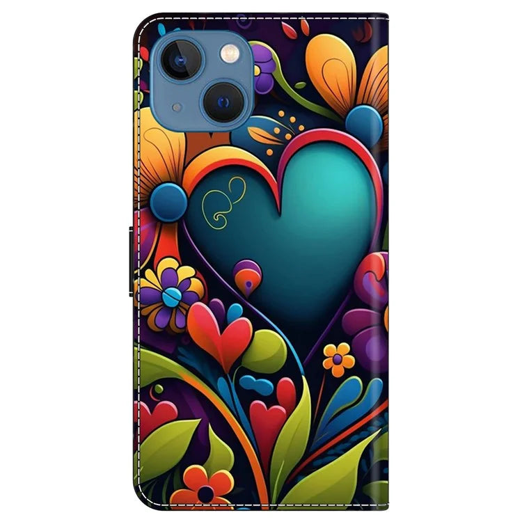 For iPhone 13 / 14 Wallet Case Anti-Drop Pattern Print Leather Phone Cover