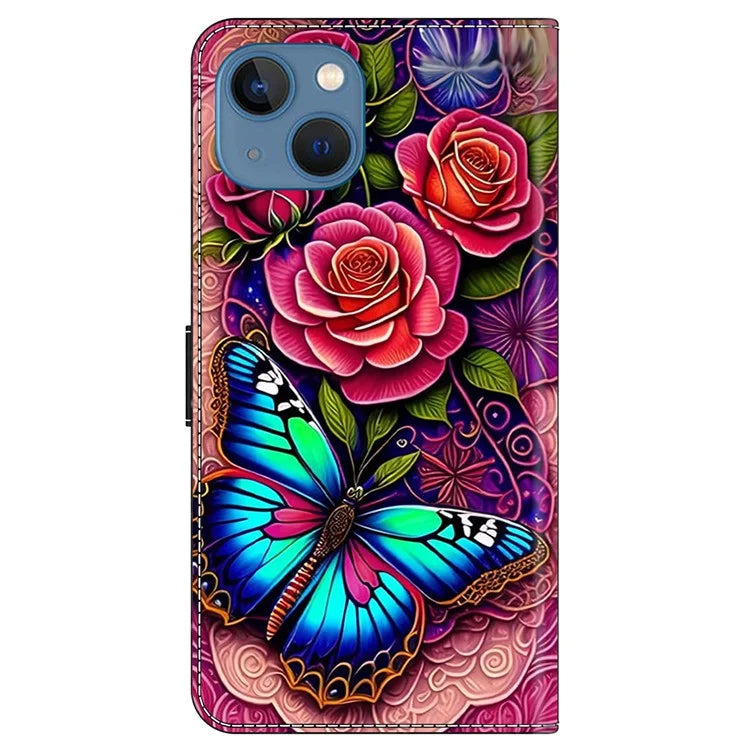 For iPhone 13 / 14 Wallet Case Anti-Drop Pattern Print Leather Phone Cover