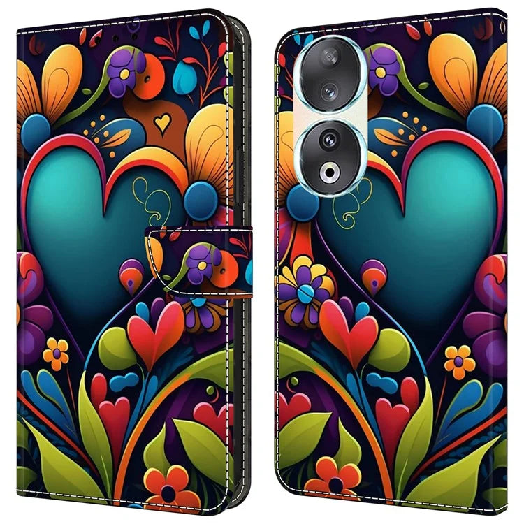 For Honor 90 Phone Case Pattern Print Magnetic Clasp Scratch-resistant Leather Cover