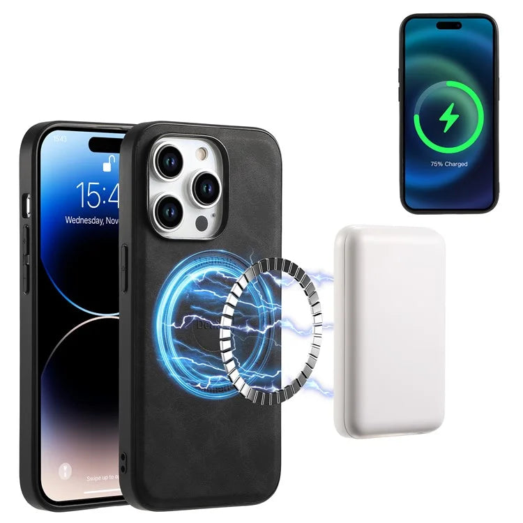 DENIOR A11 For iPhone 15 Pro Max Magnetic Case Retro Leather Coated Drop-proof Phone Cover