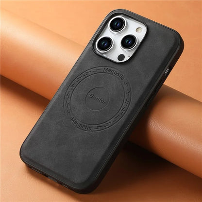 DENIOR A11 For iPhone 15 Pro Max Magnetic Case Retro Leather Coated Drop-proof Phone Cover