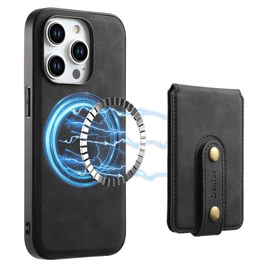DENIOR D14 For iPhone 15 Pro Card Bag Compatible with MagSafe Retro Texture PU+TPU+PC Phone Case