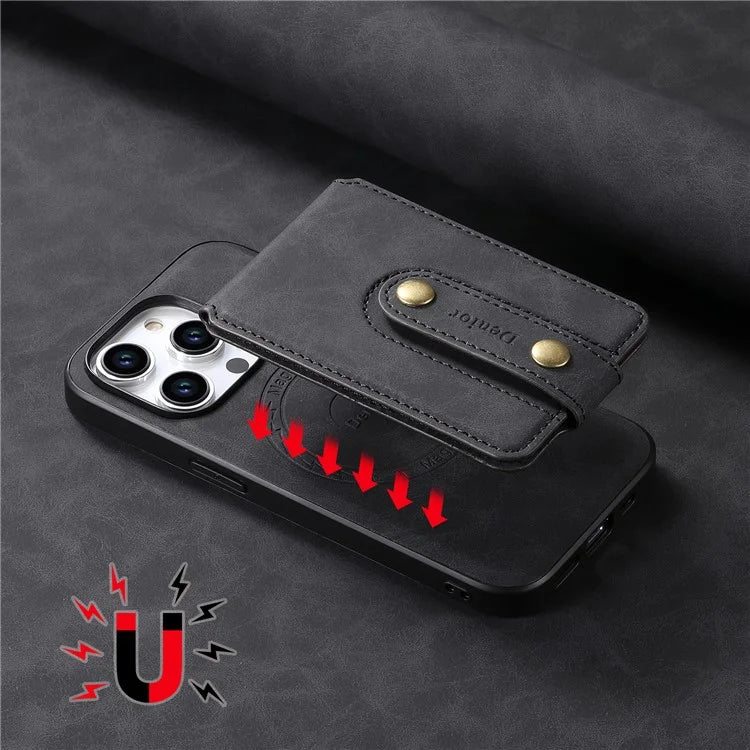 DENIOR D14 For iPhone 15 Pro Card Bag Compatible with MagSafe Retro Texture PU+TPU+PC Phone Case