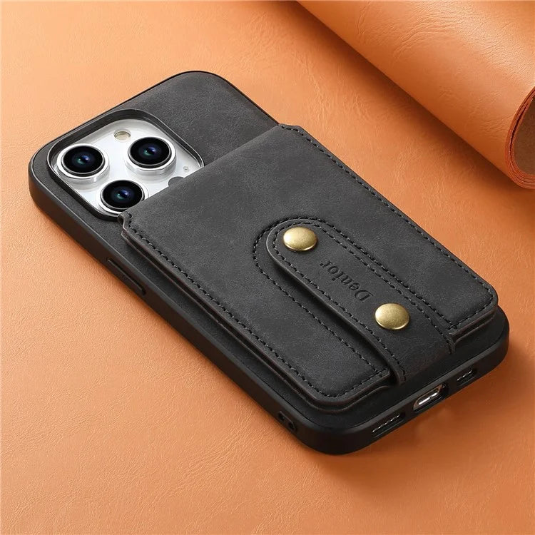 DENIOR D14 For iPhone 15 Pro Card Bag Compatible with MagSafe Retro Texture PU+TPU+PC Phone Case