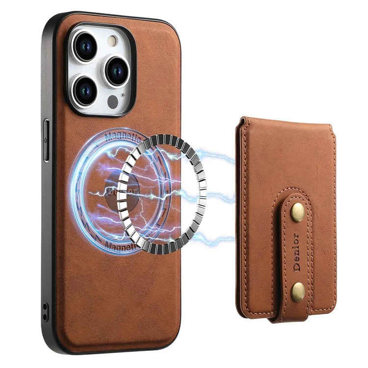 DENIOR D14 For iPhone 15 Pro Card Bag Compatible with MagSafe Retro Texture PU+TPU+PC Phone Case