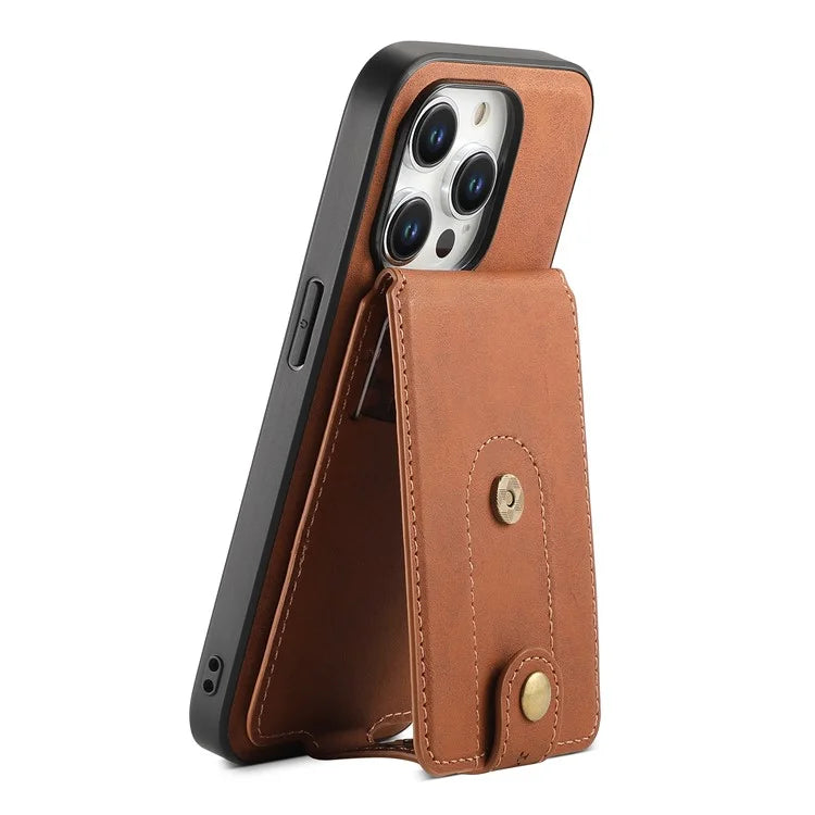 DENIOR D14 For iPhone 15 Pro Card Bag Compatible with MagSafe Retro Texture PU+TPU+PC Phone Case