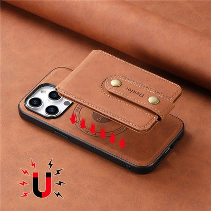 DENIOR D14 For iPhone 15 Pro Card Bag Compatible with MagSafe Retro Texture PU+TPU+PC Phone Case