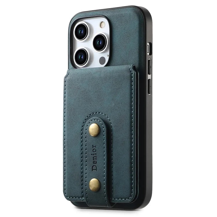 DENIOR D14 For iPhone 15 Pro Card Bag Compatible with MagSafe Retro Texture PU+TPU+PC Phone Case