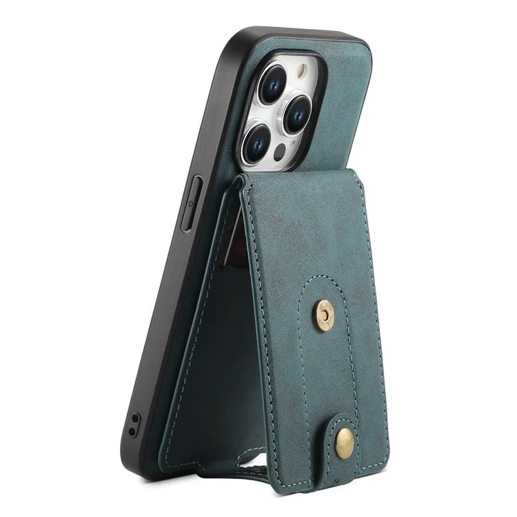 DENIOR D14 For iPhone 15 Pro Max Cover Retro Texture PU+TPU+PC Card Bag Phone Case Compatible with MagSafe