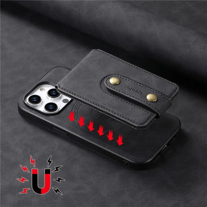 DENIOR D14 For iPhone 15 Pro Max Cover Retro Texture PU+TPU+PC Card Bag Phone Case Compatible with MagSafe
