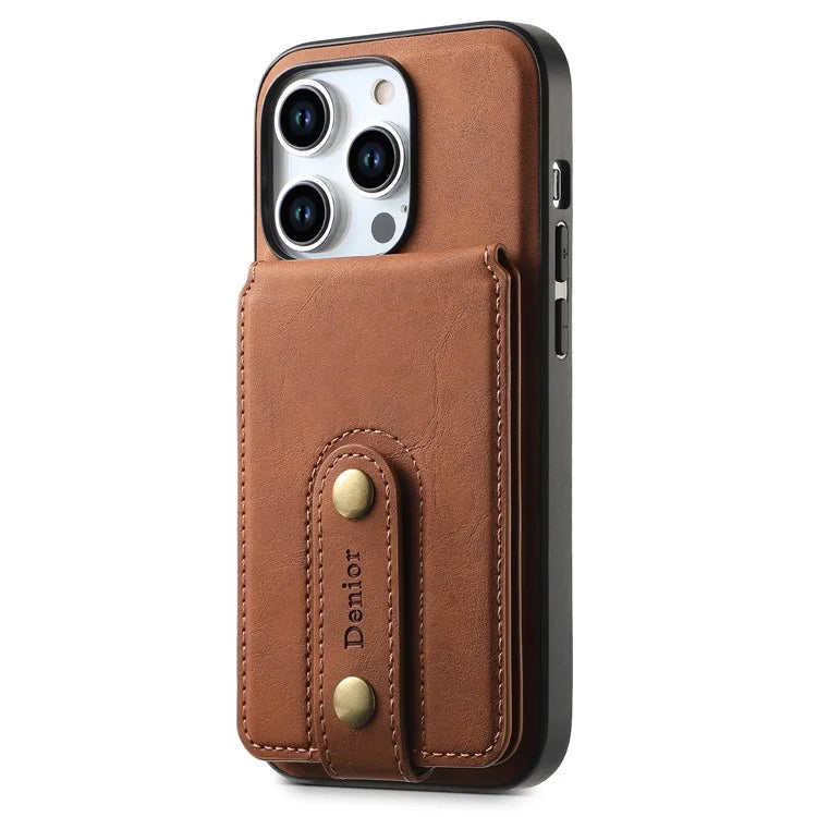 DENIOR D14 For iPhone 15 Pro Max Cover Retro Texture PU+TPU+PC Card Bag Phone Case Compatible with MagSafe