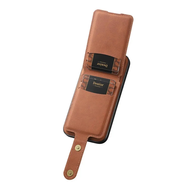 DENIOR D14 For iPhone 15 Pro Max Cover Retro Texture PU+TPU+PC Card Bag Phone Case Compatible with MagSafe