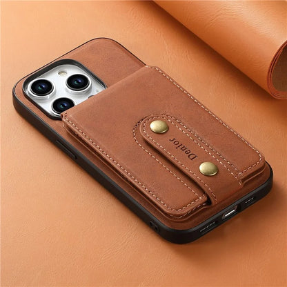 DENIOR D14 For iPhone 15 Pro Max Cover Retro Texture PU+TPU+PC Card Bag Phone Case Compatible with MagSafe