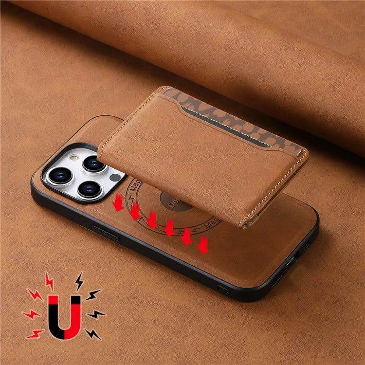 DENIOR D13 For iPhone 15 Pro Max Case Compatible with Magsafe Retro Leather+TPU+PC Phone Shell