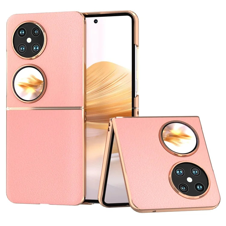 For Huawei Pocket 2 Cell Phone Cases Electroplating Textured Genuine Cowhide Leather+PC Cover