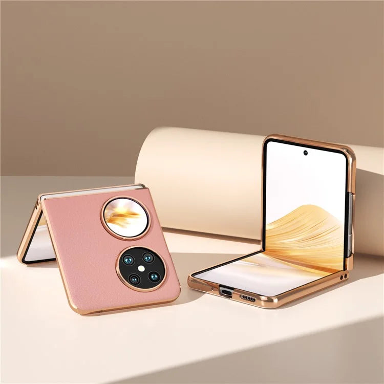For Huawei Pocket 2 Cell Phone Cases Electroplating Textured Genuine Cowhide Leather+PC Cover