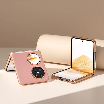 For Huawei Pocket 2 Cell Phone Cases Electroplating Textured Genuine Cowhide Leather+PC Cover