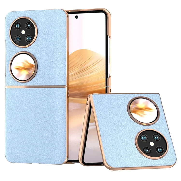 For Huawei Pocket 2 Cell Phone Cases Electroplating Textured Genuine Cowhide Leather+PC Cover