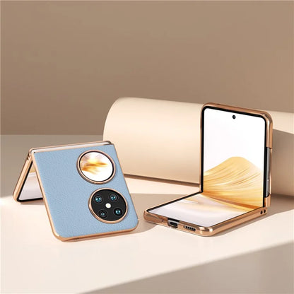 For Huawei Pocket 2 Cell Phone Cases Electroplating Textured Genuine Cowhide Leather+PC Cover