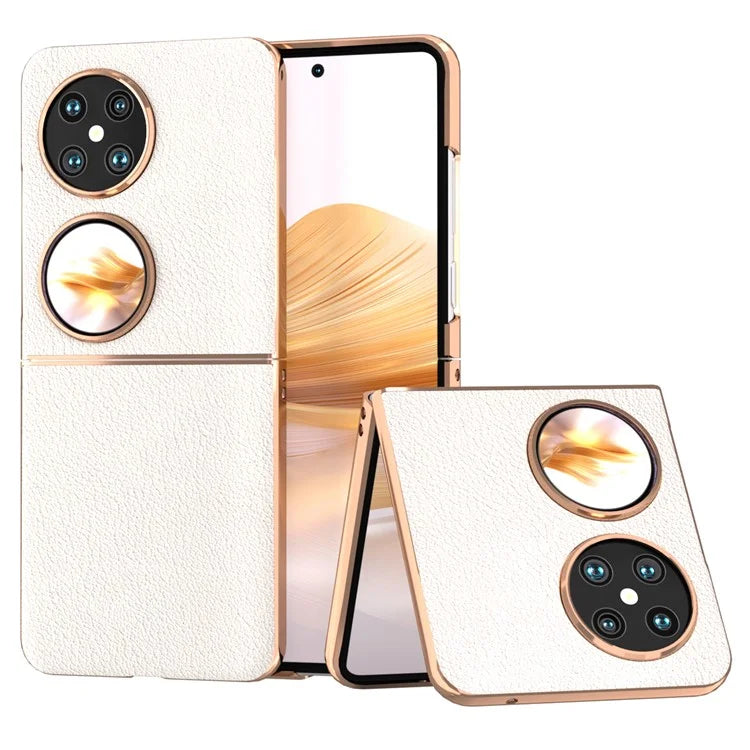 For Huawei Pocket 2 Cell Phone Cases Electroplating Textured Genuine Cowhide Leather+PC Cover