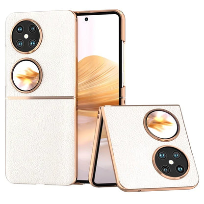 For Huawei Pocket 2 Cell Phone Cases Electroplating Textured Genuine Cowhide Leather+PC Cover