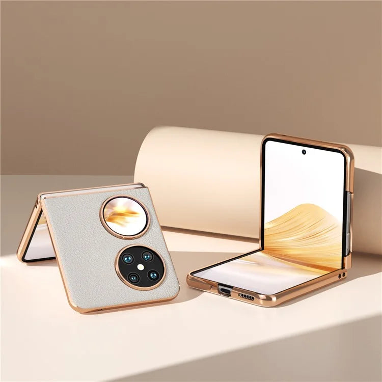 For Huawei Pocket 2 Cell Phone Cases Electroplating Textured Genuine Cowhide Leather+PC Cover
