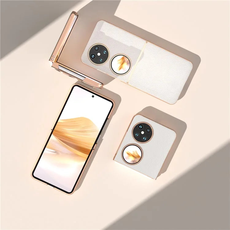 For Huawei Pocket 2 Cell Phone Cases Electroplating Textured Genuine Cowhide Leather+PC Cover