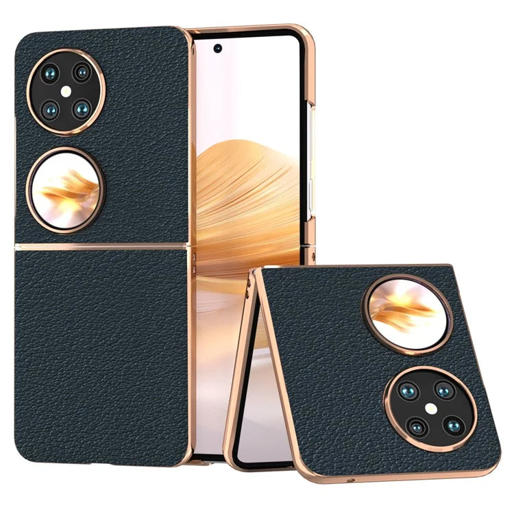 For Huawei Pocket 2 Cell Phone Cases Electroplating Textured Genuine Cowhide Leather+PC Cover