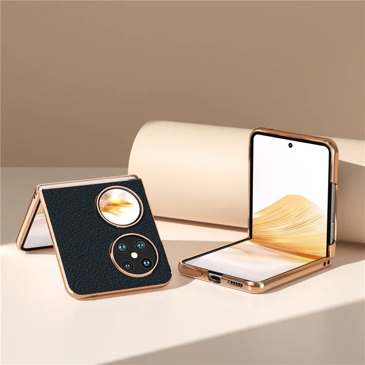 For Huawei Pocket 2 Cell Phone Cases Electroplating Textured Genuine Cowhide Leather+PC Cover