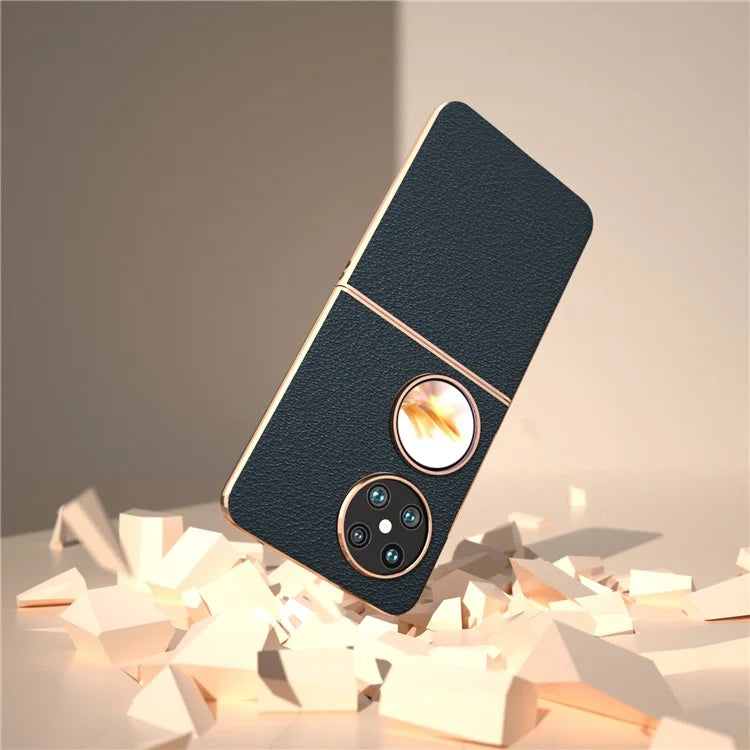 For Huawei Pocket 2 Cell Phone Cases Electroplating Textured Genuine Cowhide Leather+PC Cover