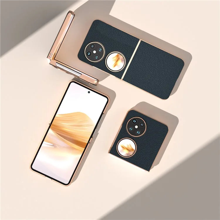 For Huawei Pocket 2 Cell Phone Cases Electroplating Textured Genuine Cowhide Leather+PC Cover