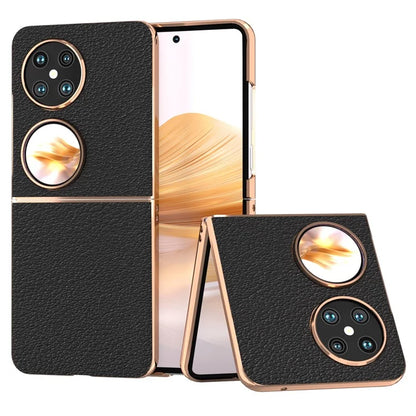 For Huawei Pocket 2 Cell Phone Cases Electroplating Textured Genuine Cowhide Leather+PC Cover