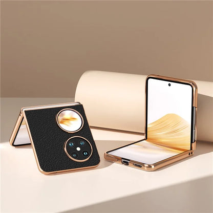 For Huawei Pocket 2 Cell Phone Cases Electroplating Textured Genuine Cowhide Leather+PC Cover