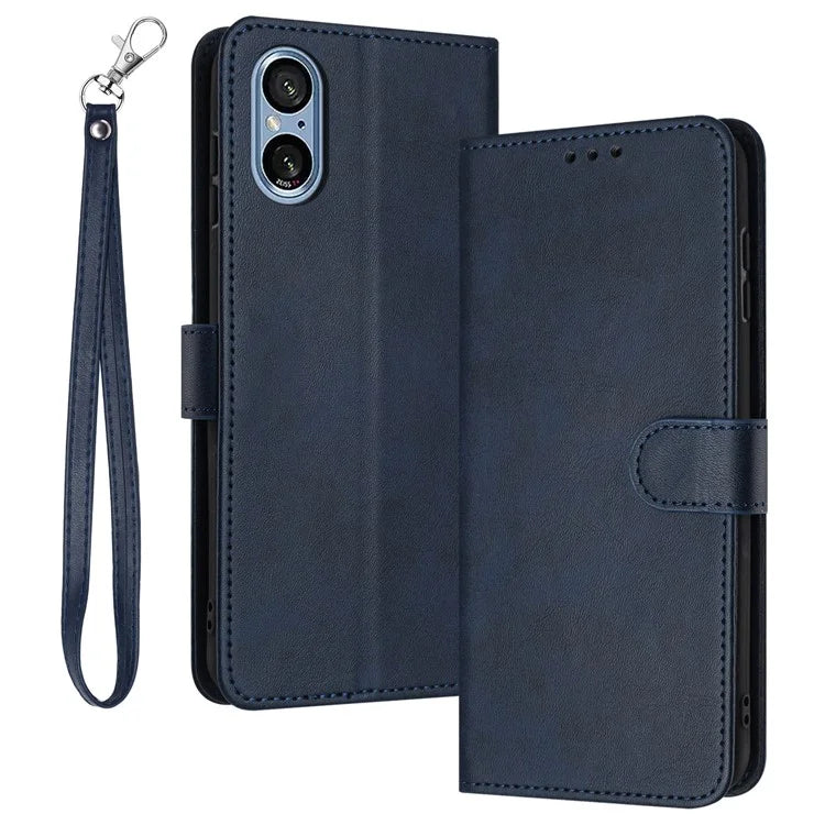 For Sony Xperia 5 V Cover PU Leather Flip Stand Wallet Cell Phone Case with Strap