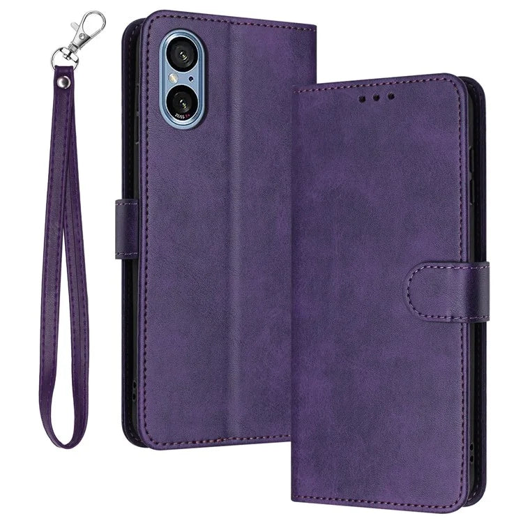 For Sony Xperia 5 V Cover PU Leather Flip Stand Wallet Cell Phone Case with Strap