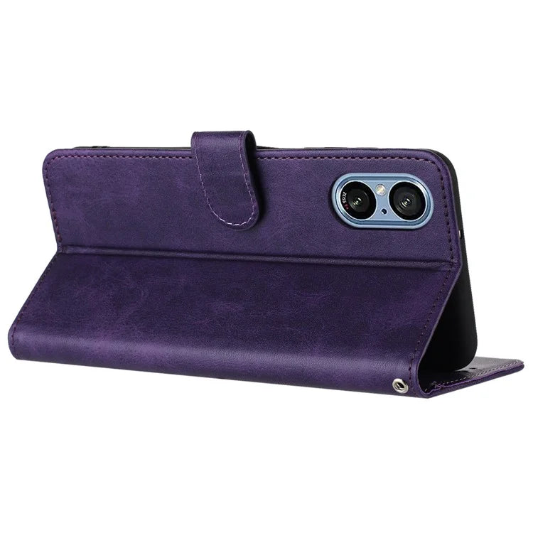 For Sony Xperia 5 V Cover PU Leather Flip Stand Wallet Cell Phone Case with Strap