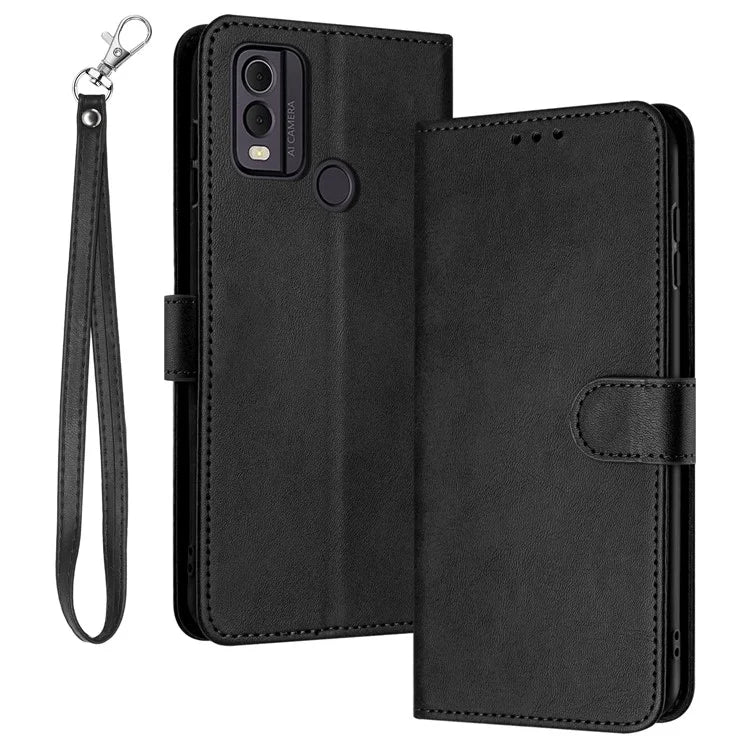 For Nokia C22 Cell Phone Case Solid Color Flip Stand PU Leather Wallet Cover with Strap