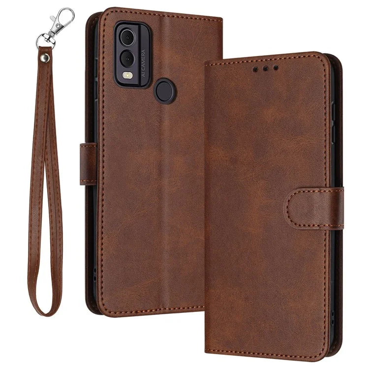 For Nokia C22 Cell Phone Case Solid Color Flip Stand PU Leather Wallet Cover with Strap