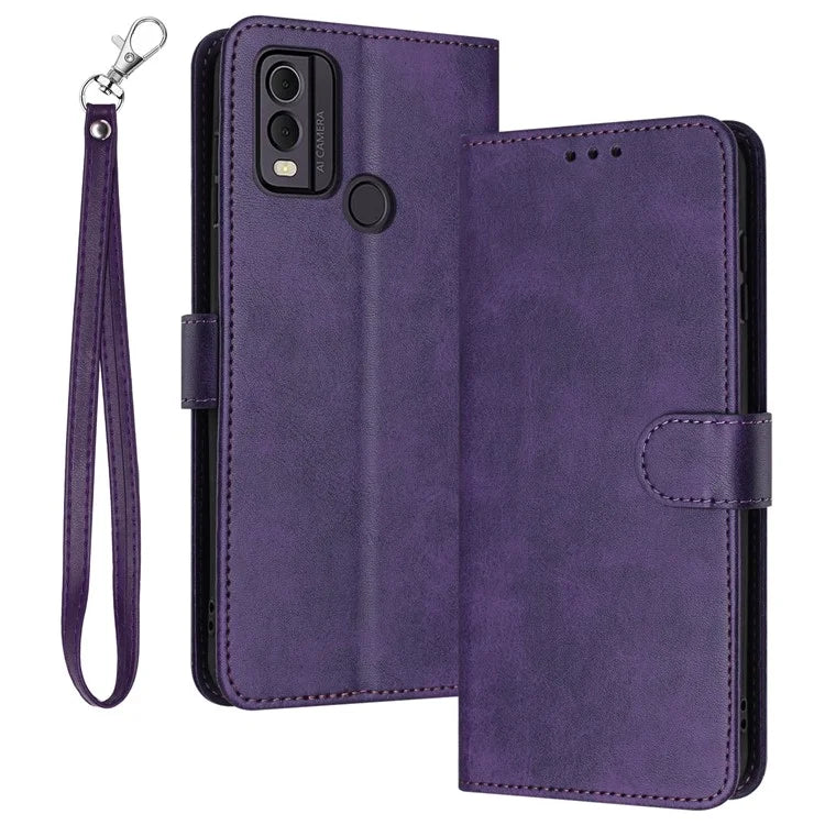 For Nokia C22 Cell Phone Case Solid Color Flip Stand PU Leather Wallet Cover with Strap