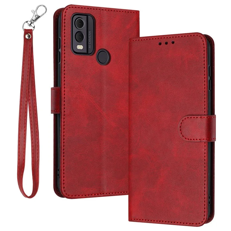 For Nokia C22 Cell Phone Case Solid Color Flip Stand PU Leather Wallet Cover with Strap