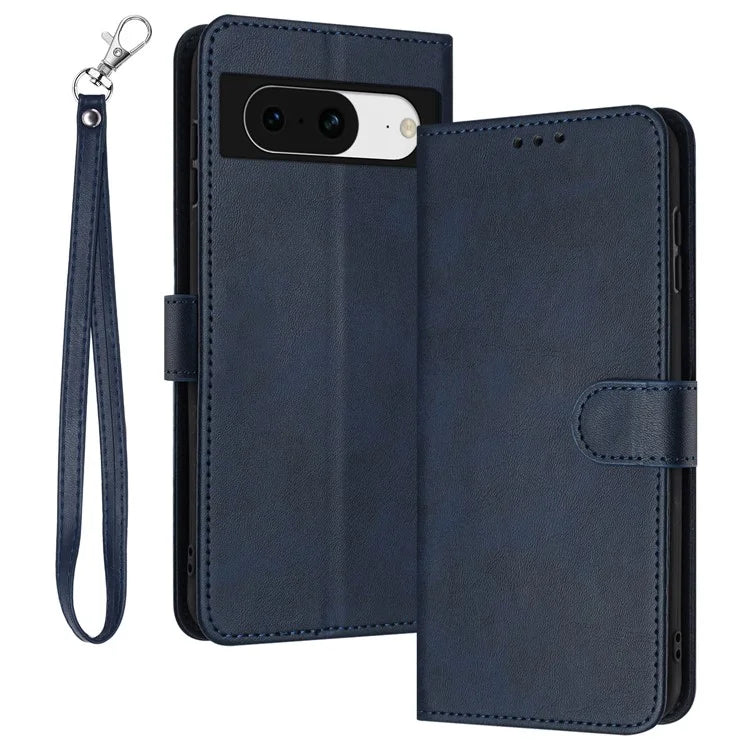 For Google Pixel 8 PU Leather Wallet Case Calf Texture Phone Cover with Strap