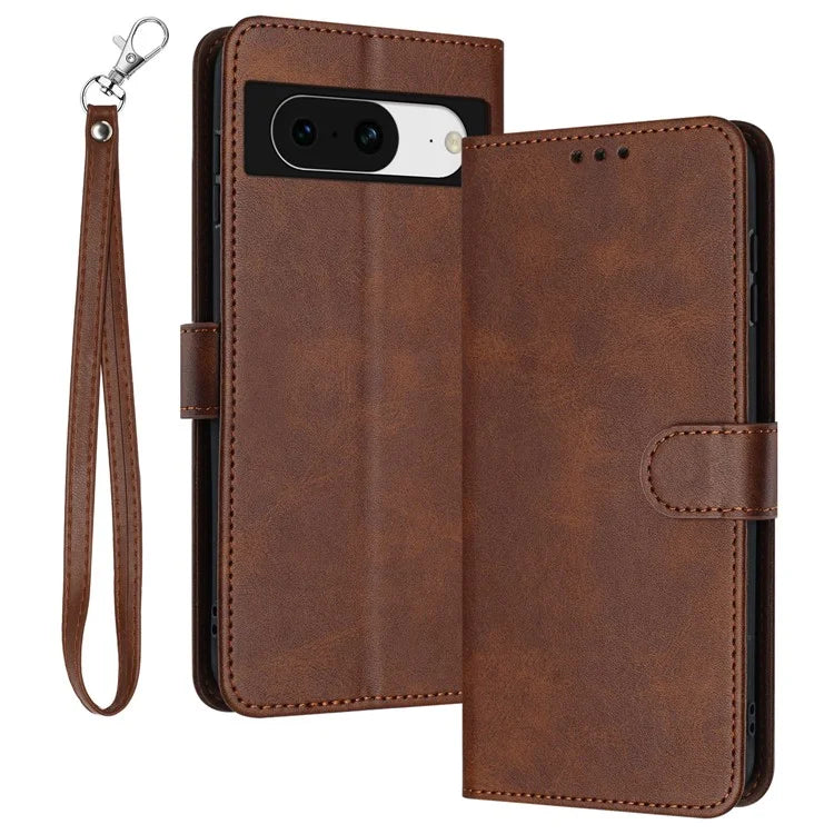 For Google Pixel 8 PU Leather Wallet Case Calf Texture Phone Cover with Strap