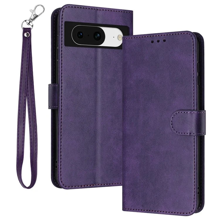 For Google Pixel 8 PU Leather Wallet Case Calf Texture Phone Cover with Strap
